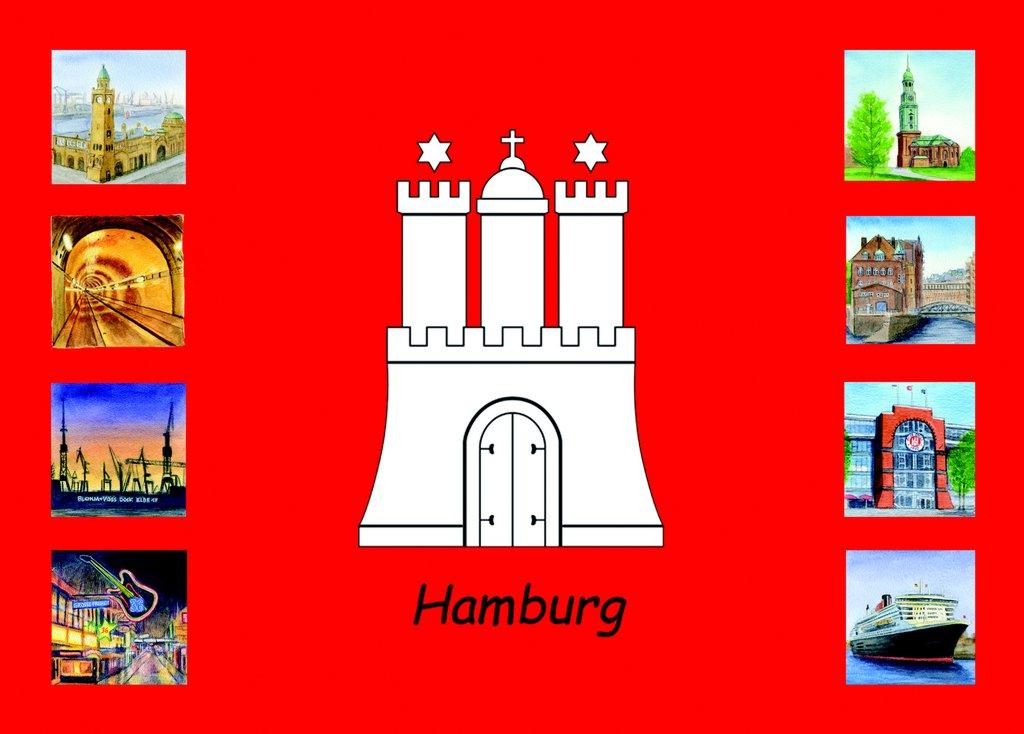 Postkarte A6 Collage Hamburg Wappen 1